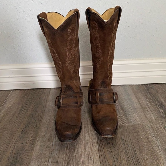 Rudel Womens Brown Leather Western Cowboy Harness Buckle Boots Square Toe 4.5E - Picture 4 of 12